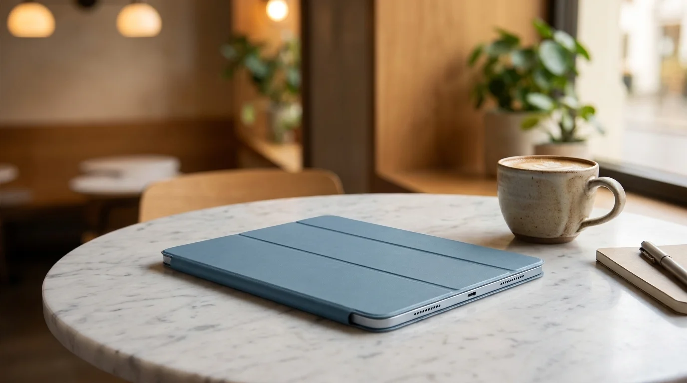 Zavřené denimové pouzdro Apple Smart Folio na iPadu Air položené na mramorovém stole v kavárně vedle šálku kávy a zápisníku.