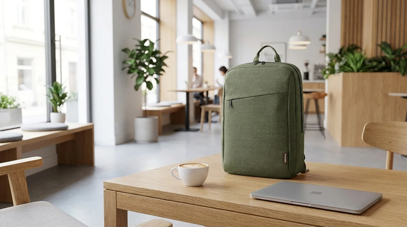 Zelený batoh na notebook Lenovo B210 stojící na dřevěném stole v kavárně vedle šálku kávy a zavřeného notebooku.