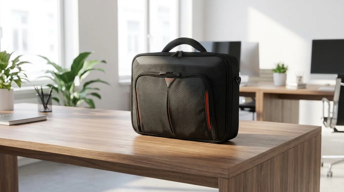 Černá brašna na notebook Targus CN415EU postavená na dřevěném pracovním stole v moderní kanceláři.