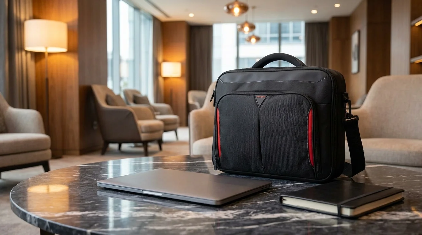 Černá brašna na notebook Targus CN415EU s červenými detaily na mramorovém stole vedle zavřeného notebooku a zápisníku.