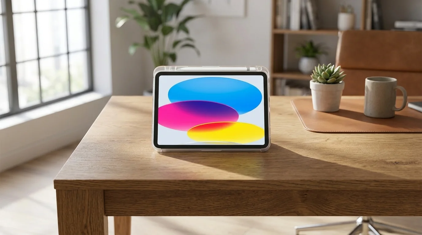 Tablet Apple iPad v průhledném pouzdře se stylusem postavený na dřevěném pracovním stole.