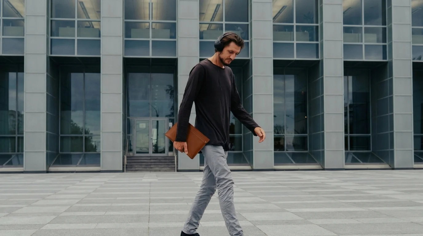 Muž kráčí před moderní budovou a v ruce nese hnědé pouzdro na notebook Spigen Valentinus S.
