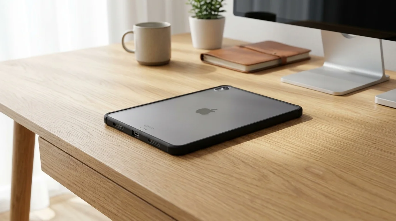 Tablet iPad mini v krytu Epico Hero položený zadní stranou nahoru na dřevěném pracovním stole.