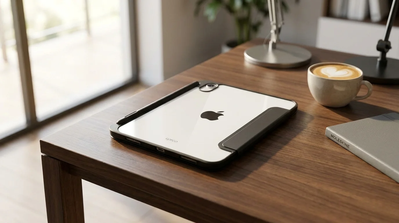 Tablet Apple iPad v černém pouzdře Epico Hero Flip s průhlednou zadní stranou položený na dřevěném stole.