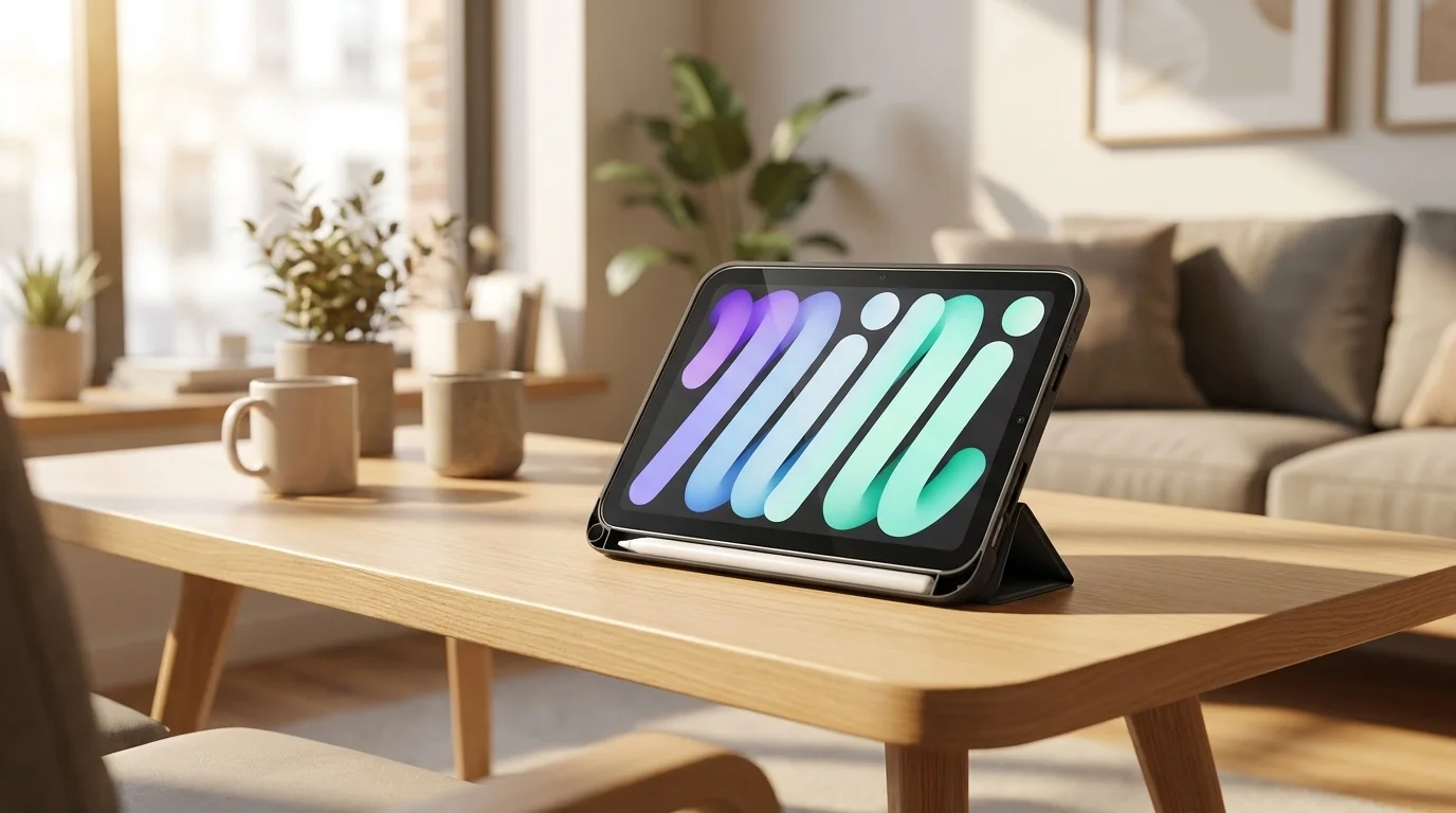 Černé pouzdro Epico Hero Flip sloužící jako stojánek pro tablet se stylusem na dřevěném stole.