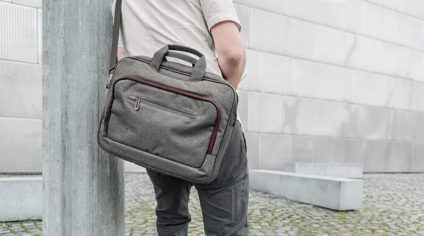 Sivá taška na notebook Yenkee YBN 1541GY s vínovým lemom zipsu prevesená cez rameno muža.