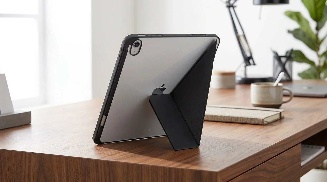 Tablet Apple iPad v černém pouzdře Epico Hero Flip podepřený na dřevěném stole pomocí polohovacího stojánku.