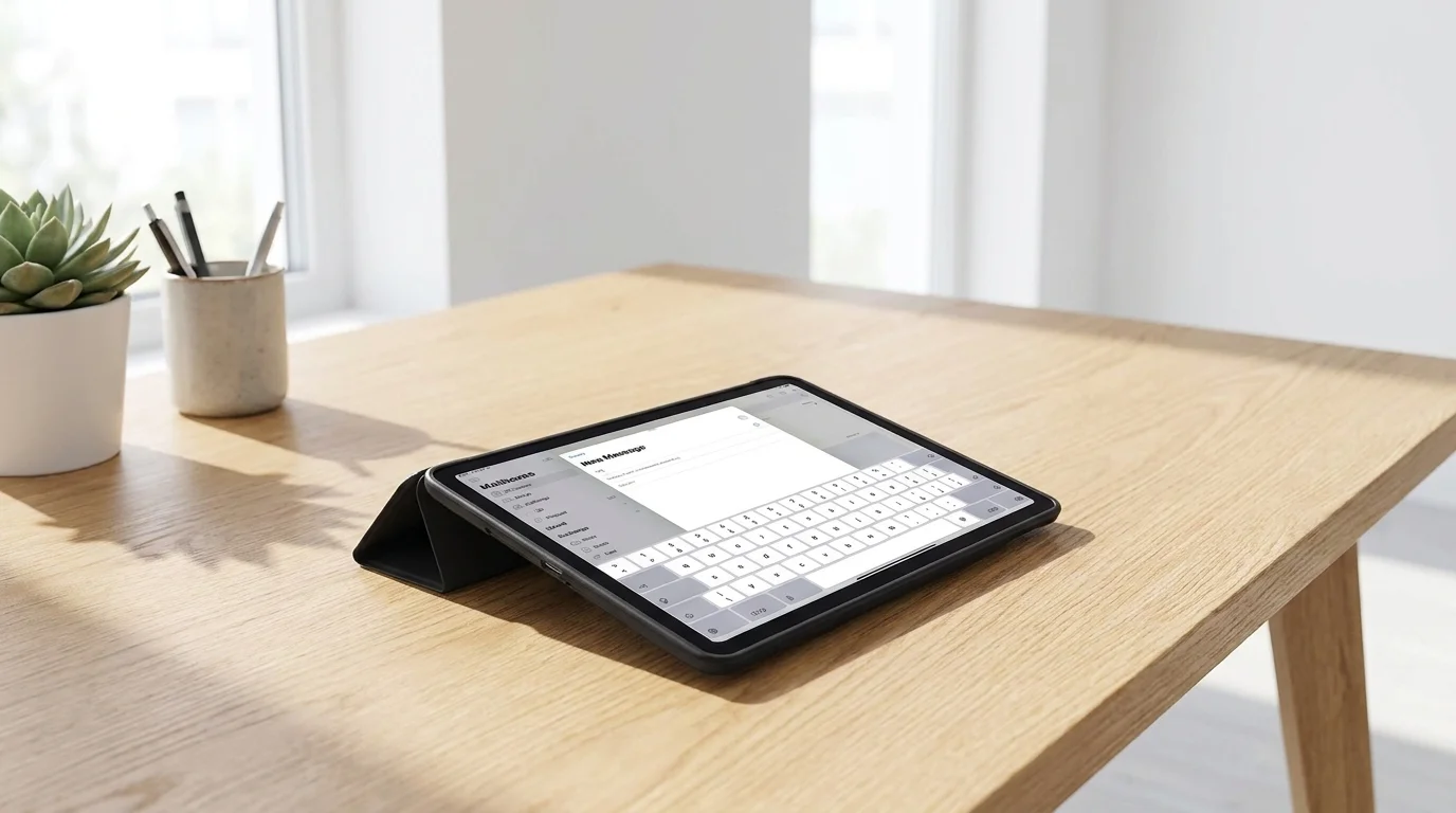 Tablet v černém pouzdře Fixed Padcover nakloněný na dřevěném stole pomocí složeného stojánku.