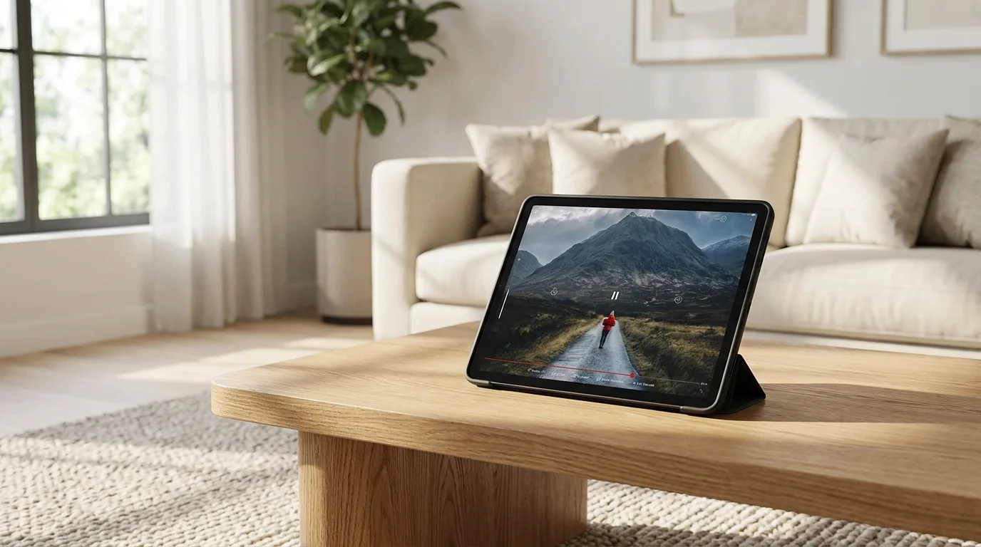 Apple iPad Air v černém pouzdře Fixed Padcover opřený ve stojánku na dřevěném konferenčním stolku.