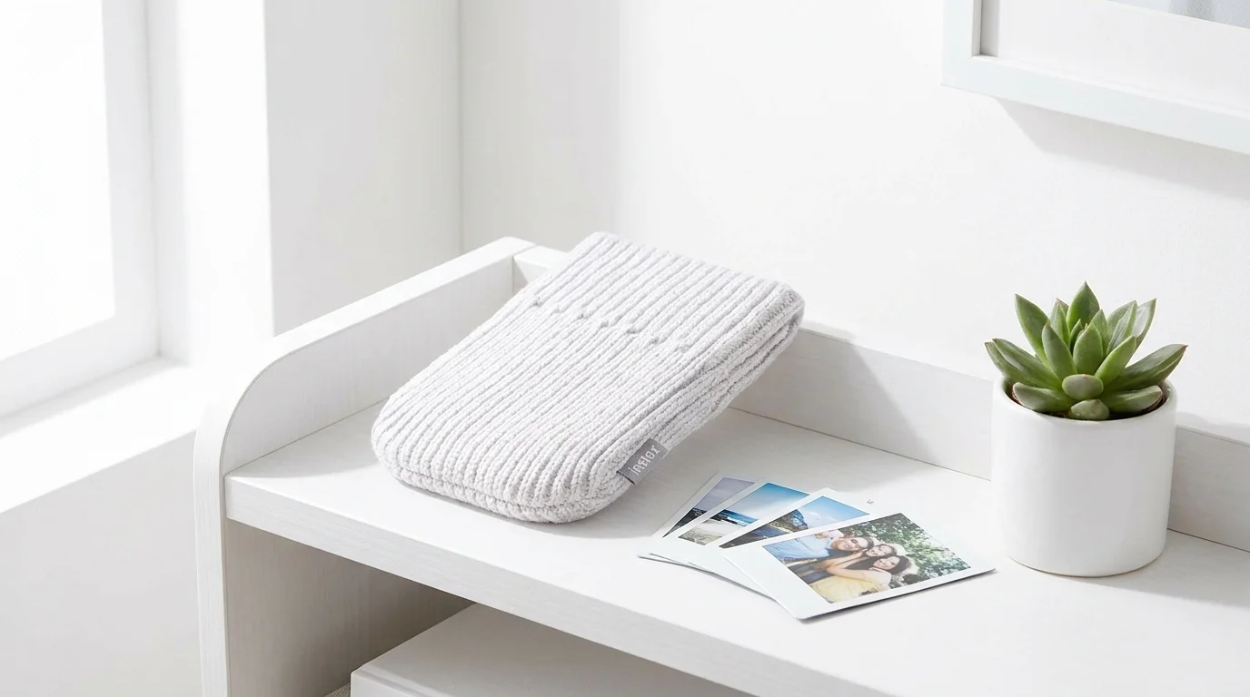 Bílé pletené pouzdro pro tiskárnu Instax Mini Link položené na bílé polici vedle vytištěných snímků a malého sukulentu.