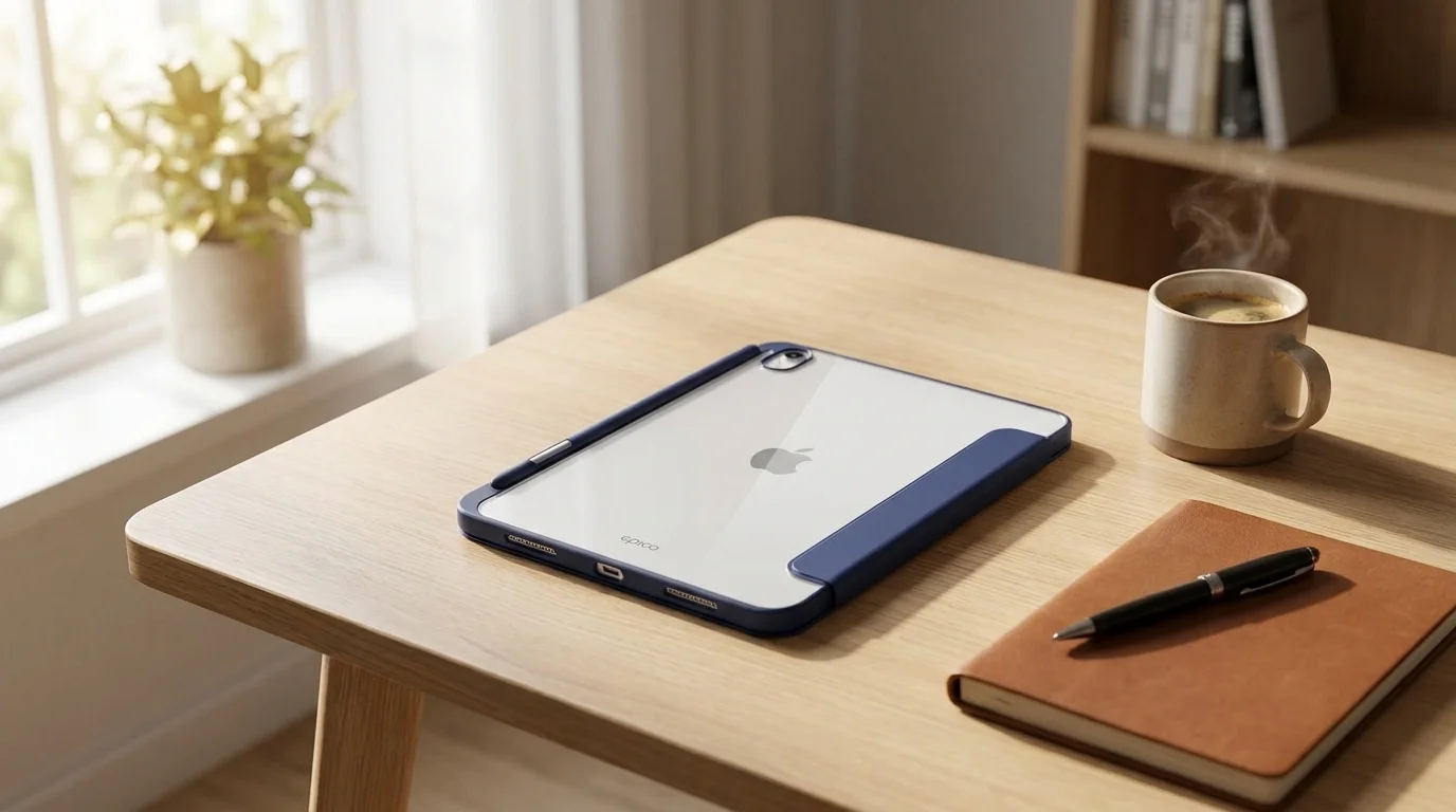 Tablet v modrém pouzdře Epico Hero Flip s průhlednou zadní stranou leží na dřevěném stole vedle hrnku a zápisníku.