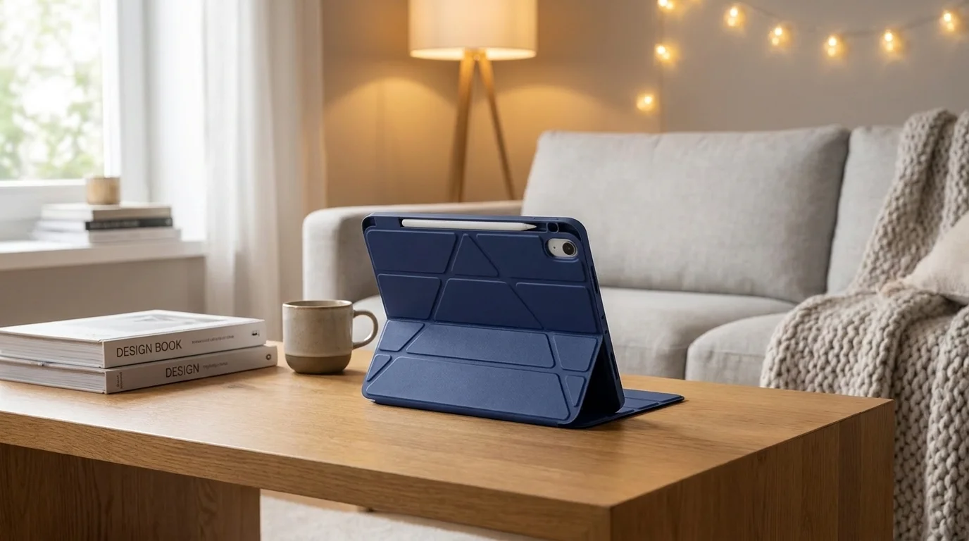 Modré pouzdro Epico Hero Flip na iPad postavené jako stojánek se stylusem na dřevěném konferenčním stolku.