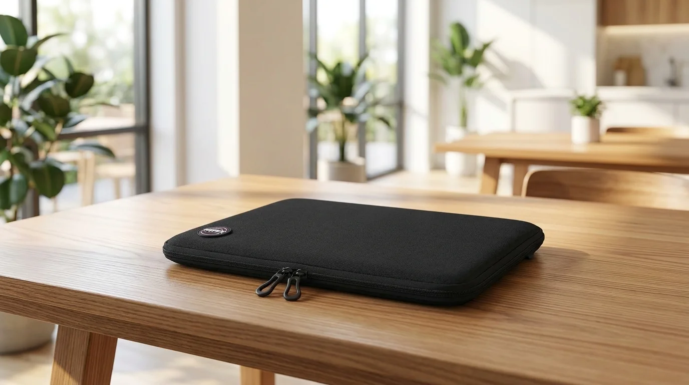 Čierne puzdro na notebook Port Designs Torino II položené na svetlom drevenom stole v interiéri.