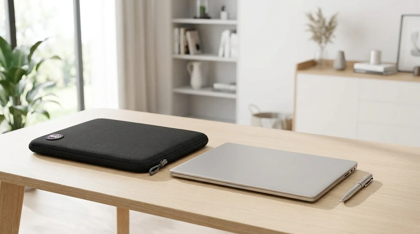 Čierne puzdro na notebook Port Designs Torino II položené na drevenom stole vedľa strieborného notebooku a pera.