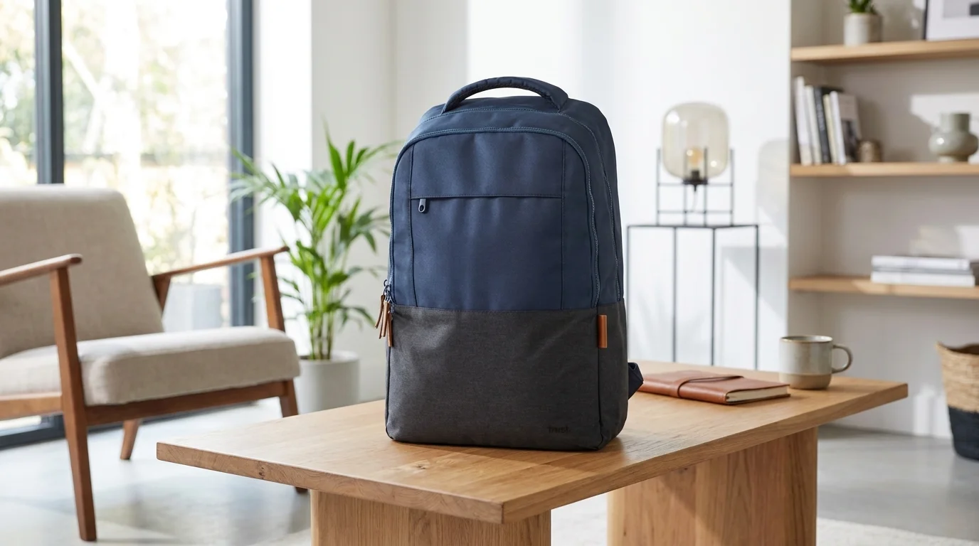 Modro-čierny batoh na notebook Trust Lisboa 16" položený na drevenom stole v modernom interiéri.