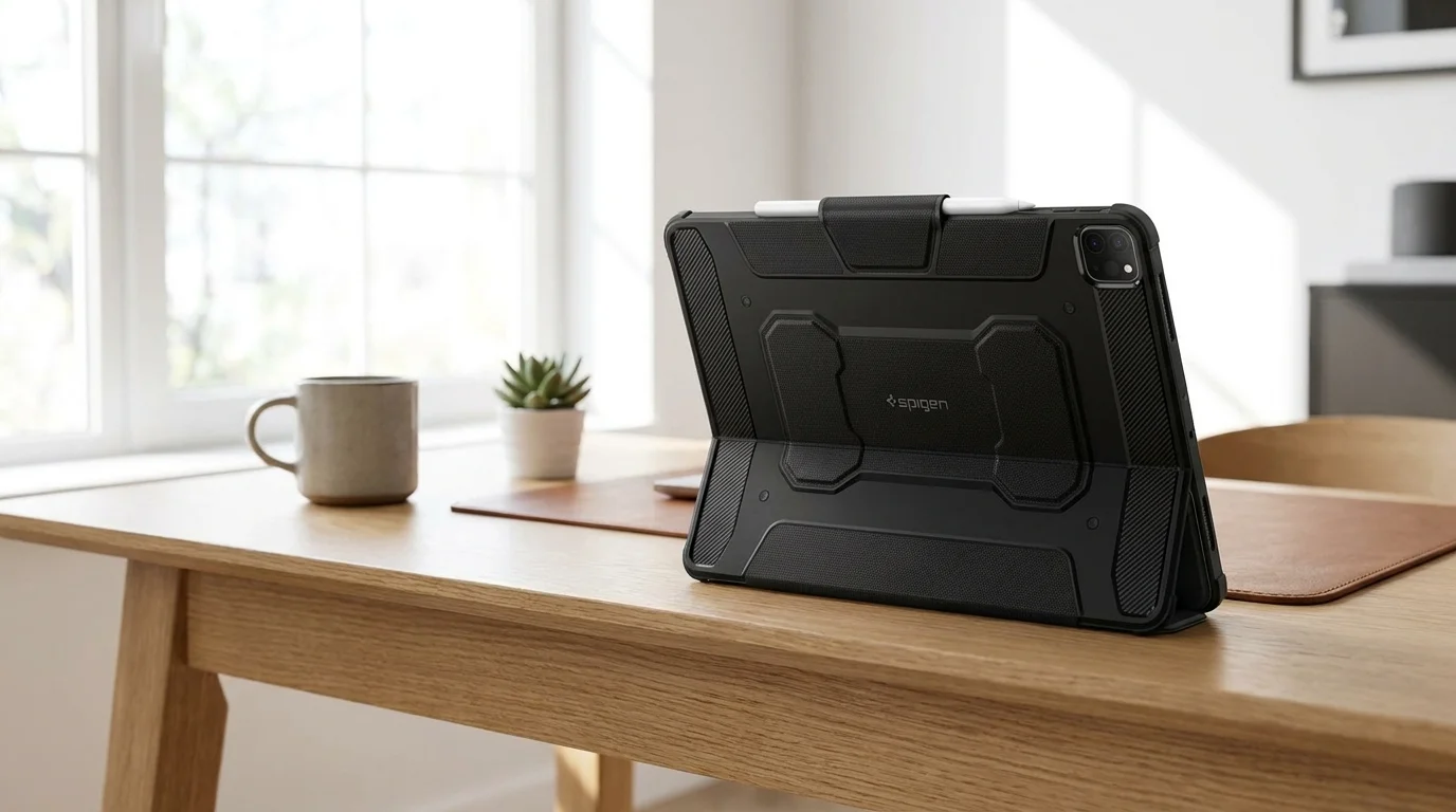 Černé pouzdro Spigen Rugged Armor Pro pro iPad Pro postavené jako stojánek na dřevěném stole s uchyceným stylusem.