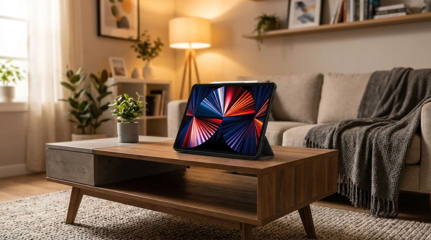 iPad Pro v černém pouzdře Spigen Rugged Armor Pro složeném do stojánku na dřevěném konferenčním stolku.