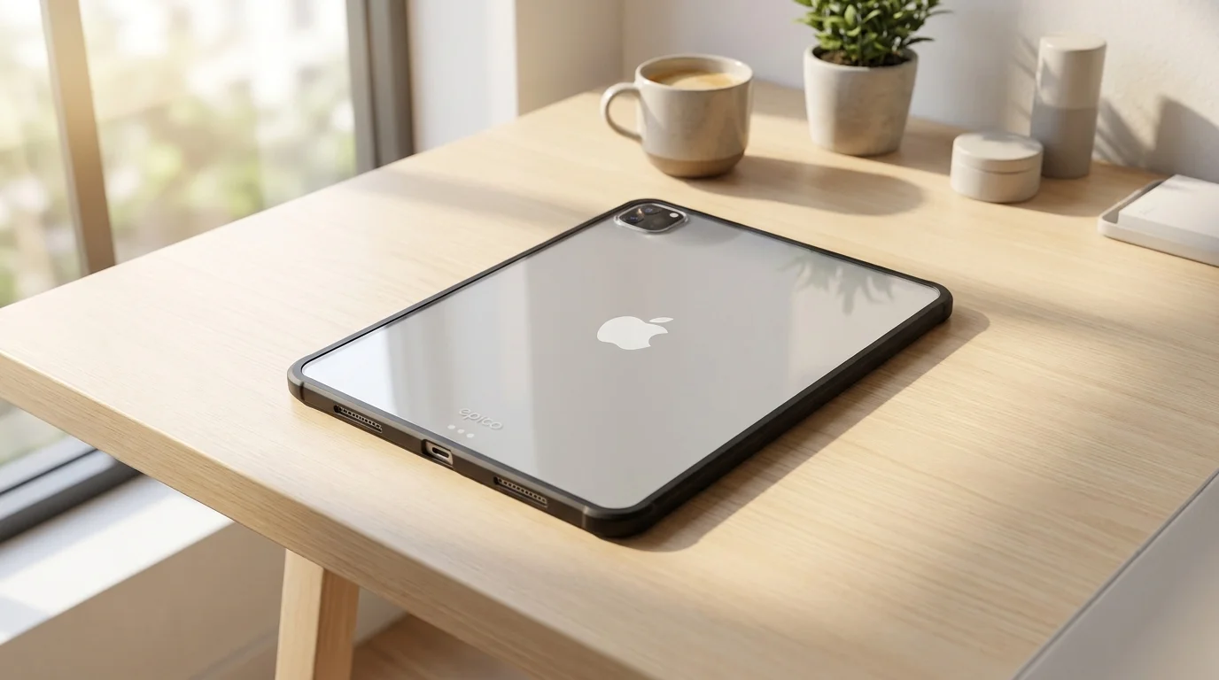 Tablet iPad v čirém ochranném pouzdře Epico s černým rámečkem položený na dřevěném stole.