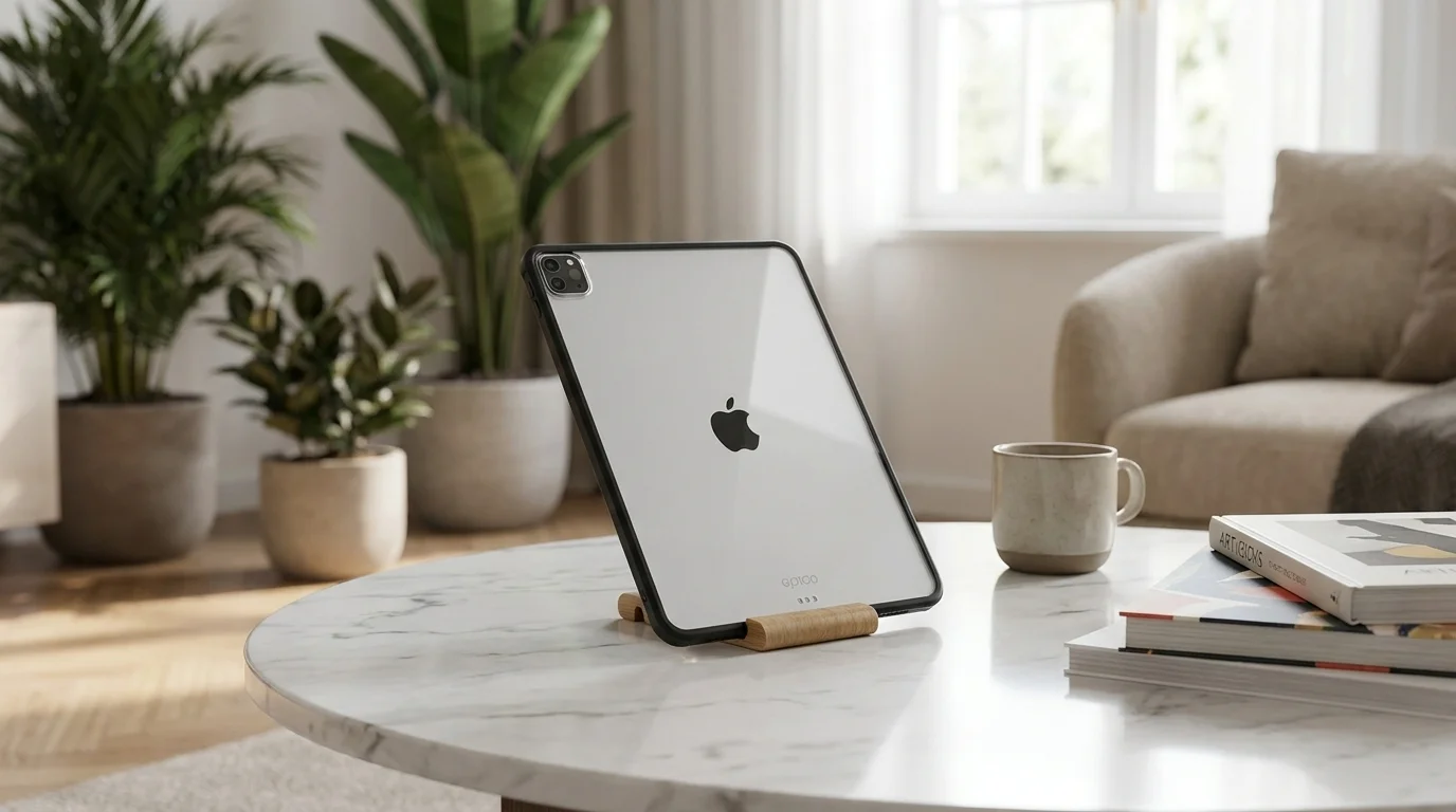 Tablet iPad v průhledném ochranném pouzdru Epico s černým rámečkem, opřený v dřevěném stojánku na konferenčním stolku.