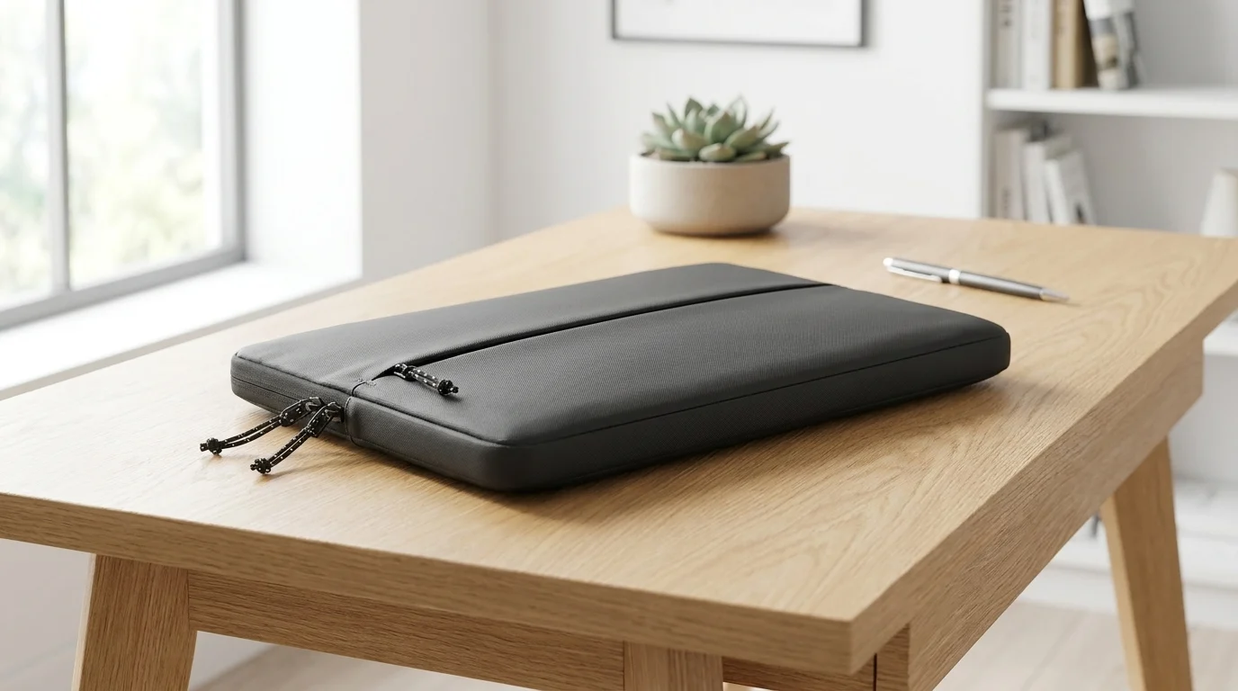 Černé pouzdro na notebook HP Sports 14" ležící na světlém dřevěném stole vedle pera.