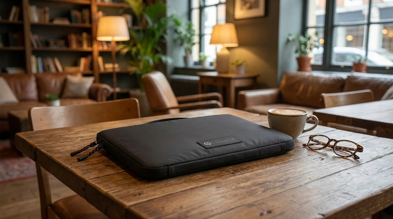 Černé pouzdro na notebook HP Sports 14" položené na dřevěném stole vedle šálku kávy a brýlí.