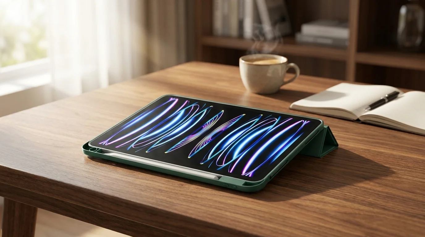 Zelené pouzdro Epico Hero pro iPad složené do polohy stojánku se slotem pro Apple Pencil na dřevěném stole.