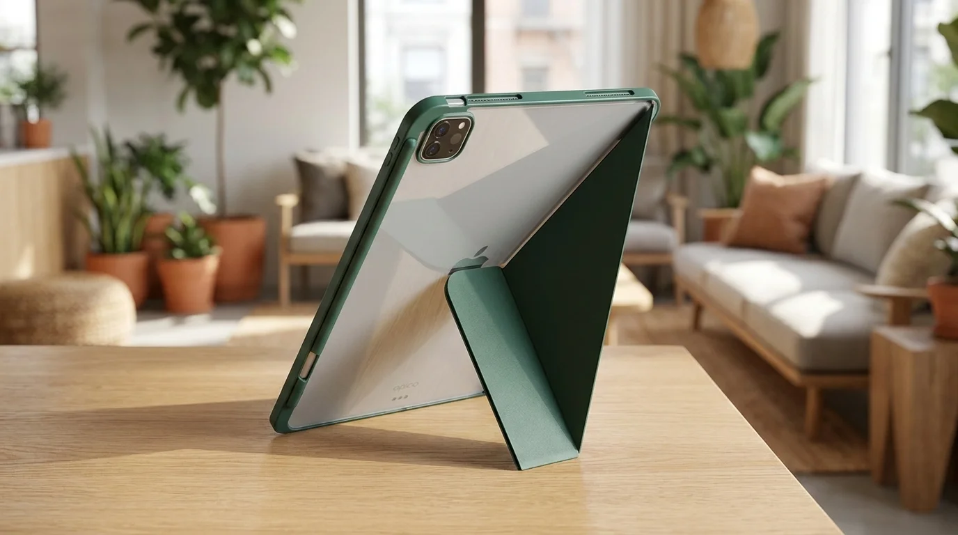 Zelené pouzdro Epico Hero pro iPad s průhlednými zády složené do stojánku na dřevěném stole.