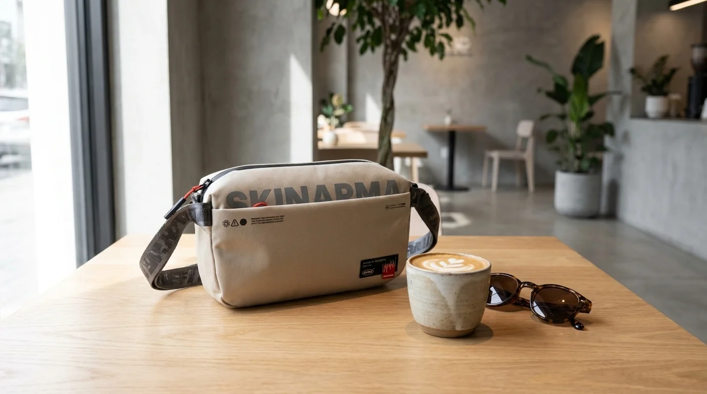 Béžová crossbody taška Skinarma Fardel položená na dřevěném stole v kavárně vedle šálku kávy a slunečních brýlí.