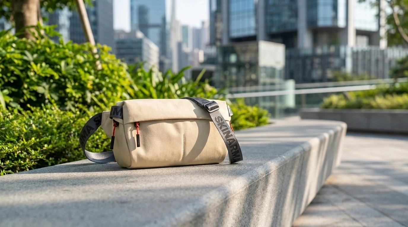 Béžová crossbody taška Skinarma Fardel s popruhem položená na kamenné lavičce v městském prostředí.