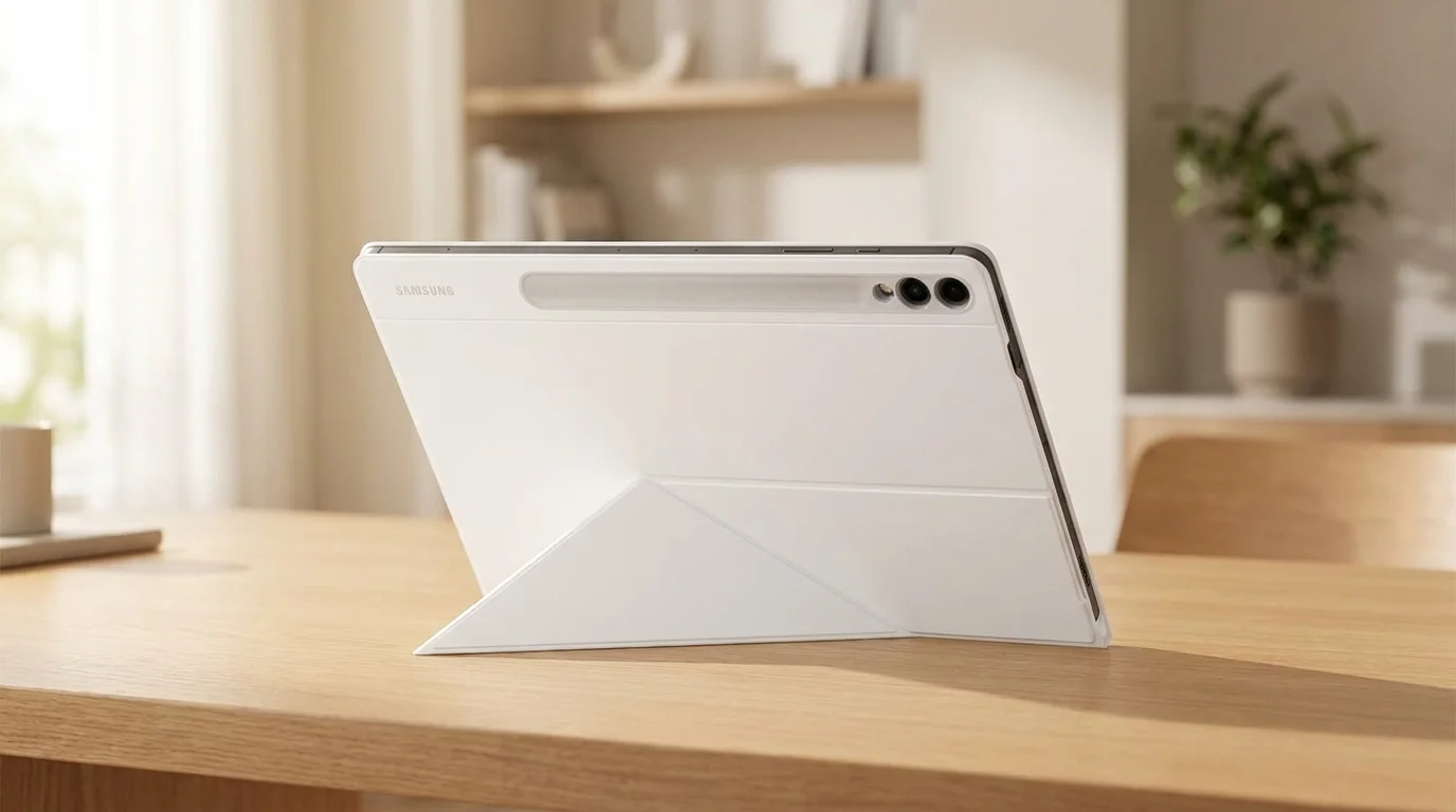 Bílé pouzdro na tabletu Samsung Tab S9+ složené do podoby stojánku na dřevěném stole.