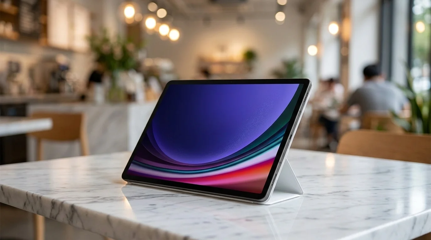 Tablet Samsung Tab S9+ v bílém pouzdře postavený v horizontální poloze na mramorovém stole.
