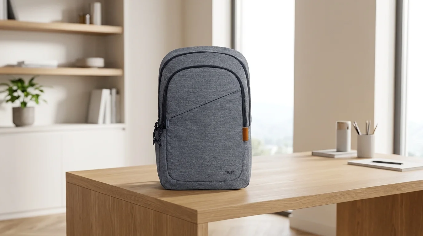 Šedý batoh na notebook Trust Avana postavený na dřevěném stole ve světlé kanceláři.