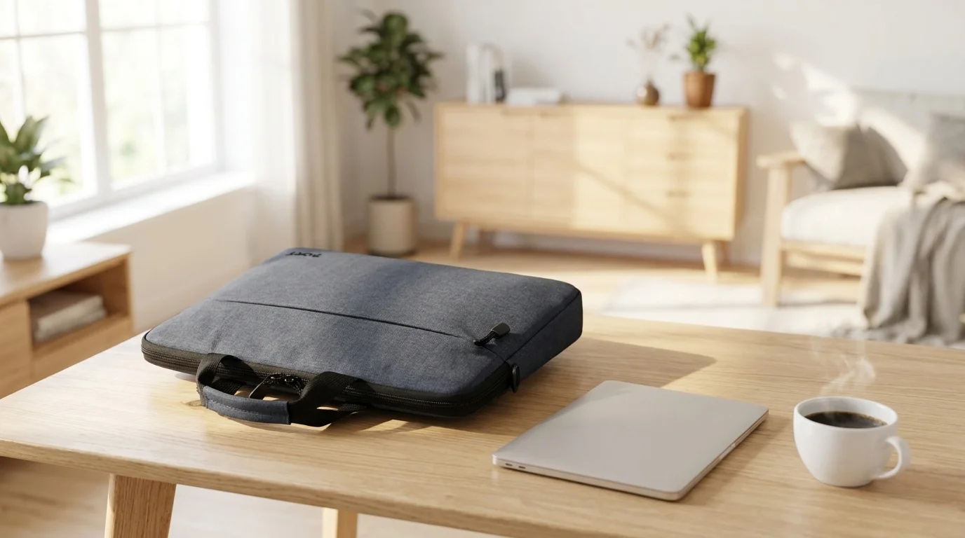 Sivá taška na notebook Port Designs Belize položená na drevenom stole vedľa zatvoreného notebooku a šálky kávy.