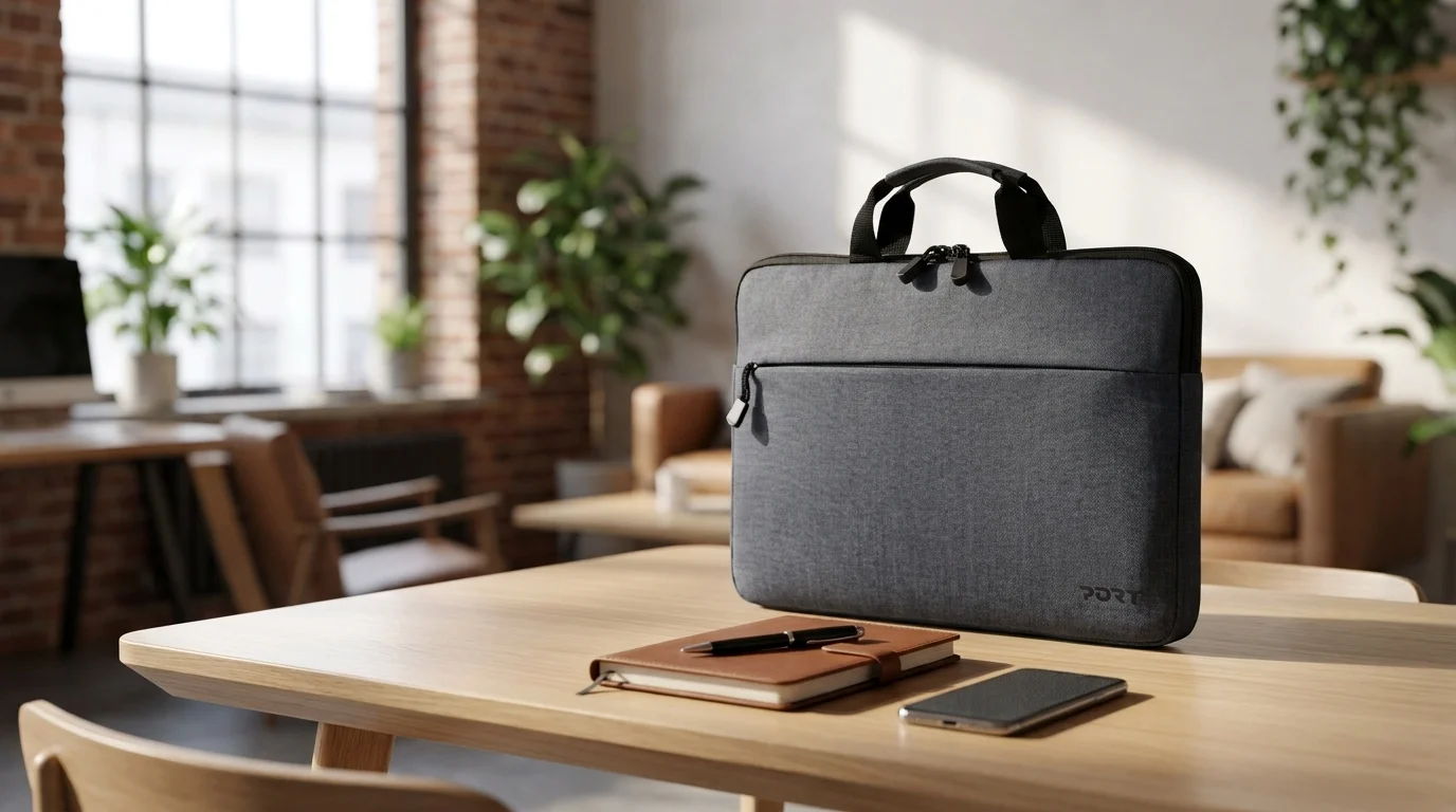 Sivá taška na notebook Port Designs Belize stojaca na drevenom stole vedľa zápisníka s perom a smartfónu.