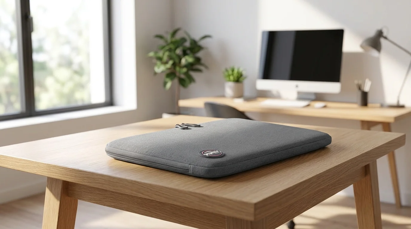 Sivé puzdro na notebook Port Designs Torino II položené na drevenom stole v svetlej pracovni.