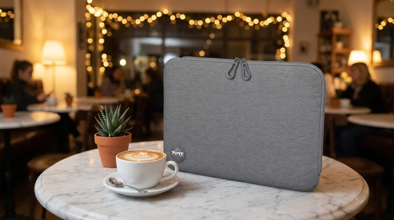 Sivé puzdro na notebook Port Designs Torino II položené na kaviarenskom stole vedľa šálky kávy a malého sukulentu.