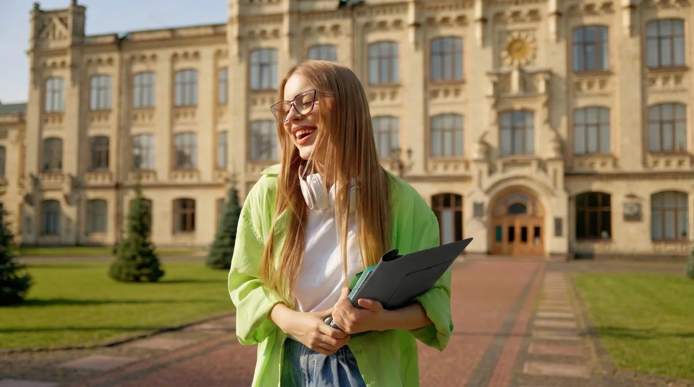 Usměvavá žena kráčí před budovou školy a v ruce drží šedé pouzdro na notebook Spigen Valentinus S.