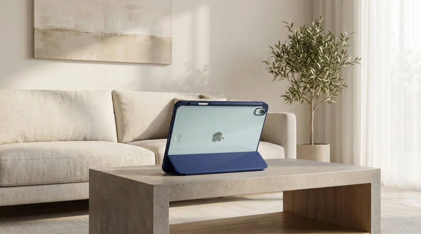 Tablet iPad v modrém polohovacím pouzdru Epico Hero Flip s průhlednými zády postavený na konferenčním stolku.