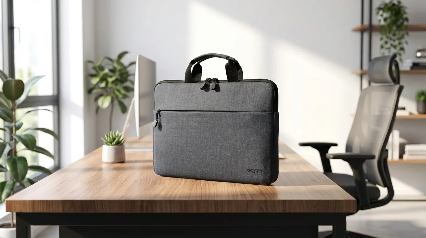 Šedá brašna na notebook Port Designs Belize postavená na dřevěném pracovním stole v kanceláři.