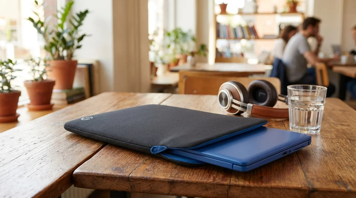 Modrý notebook čiastočne zasunutý v čiernom neoprénovom puzdre HP na drevenom stole vedľa slúchadiel.