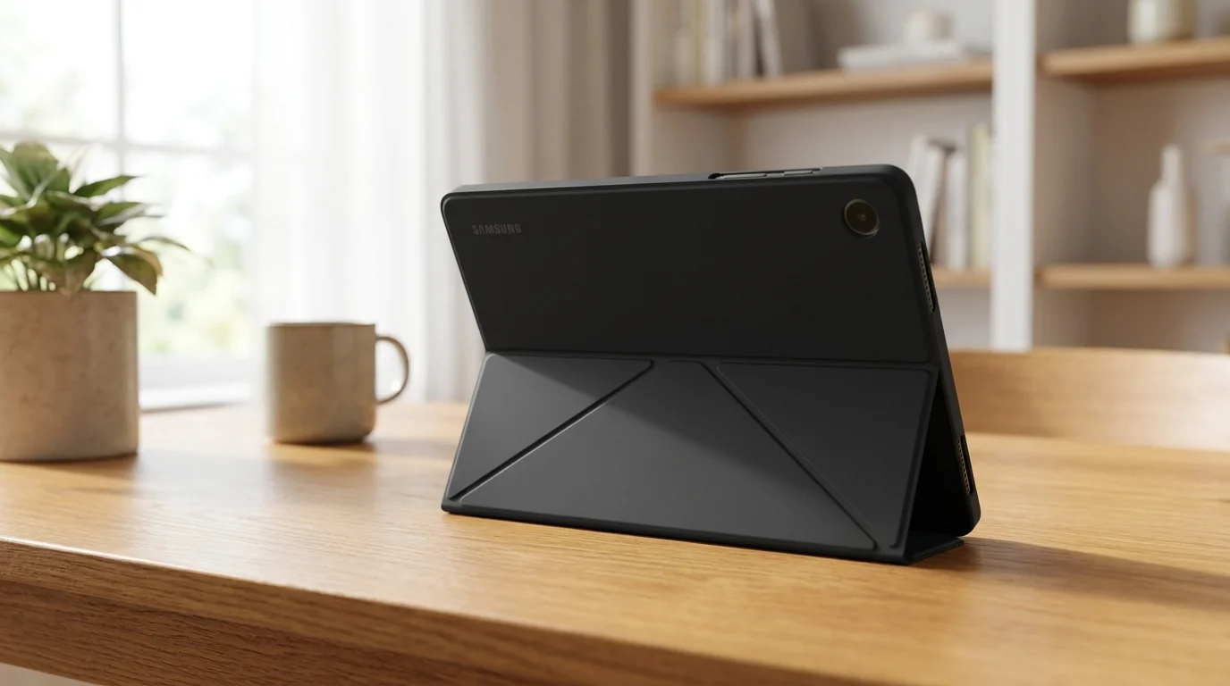 Tablet Samsung Tab A9 v černém pouzdře složeném do stojánku na dřevěném stole.