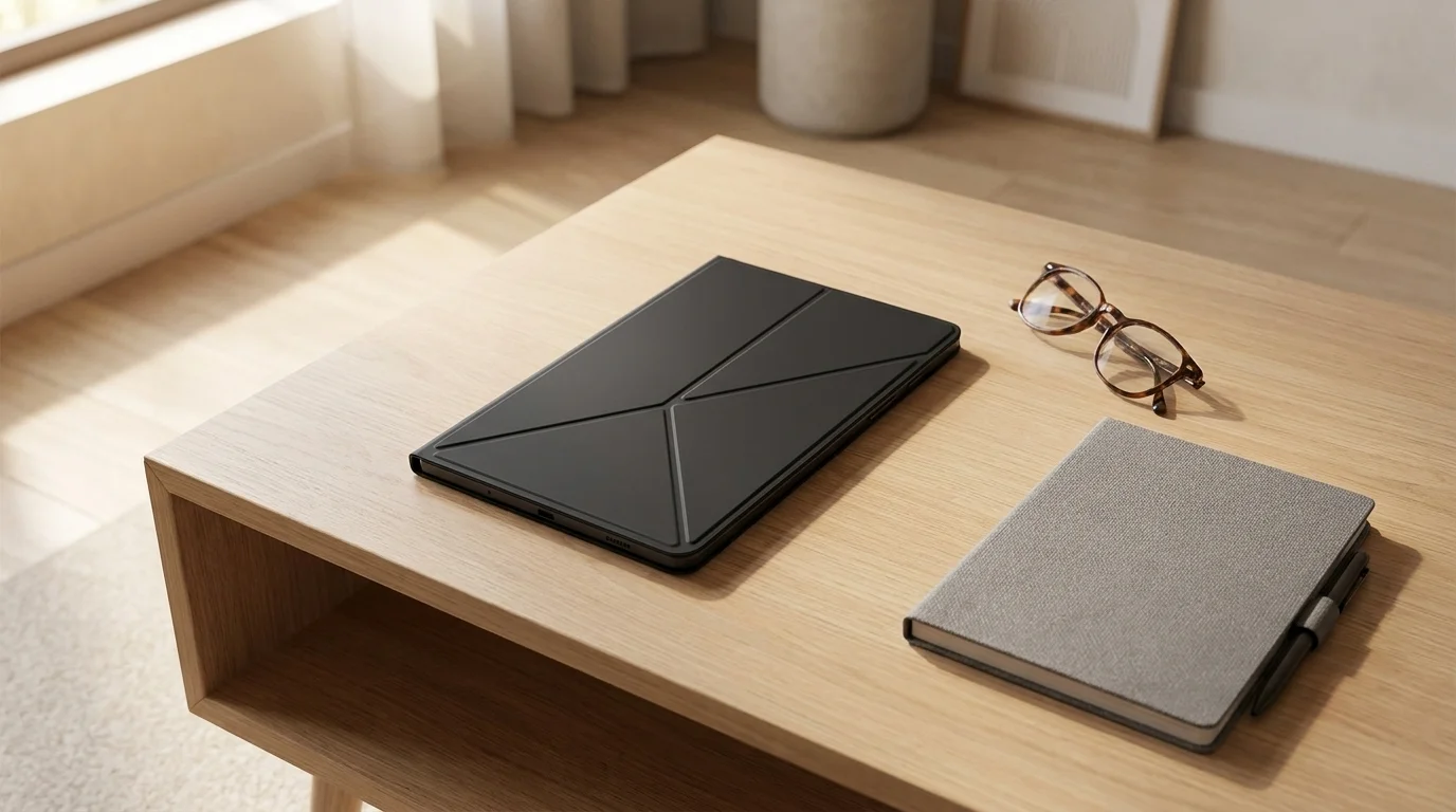 Černé pouzdro na tablet Samsung Tab A9 leží zavřené na dřevěném stole vedle brýlí a zápisníku s perem.