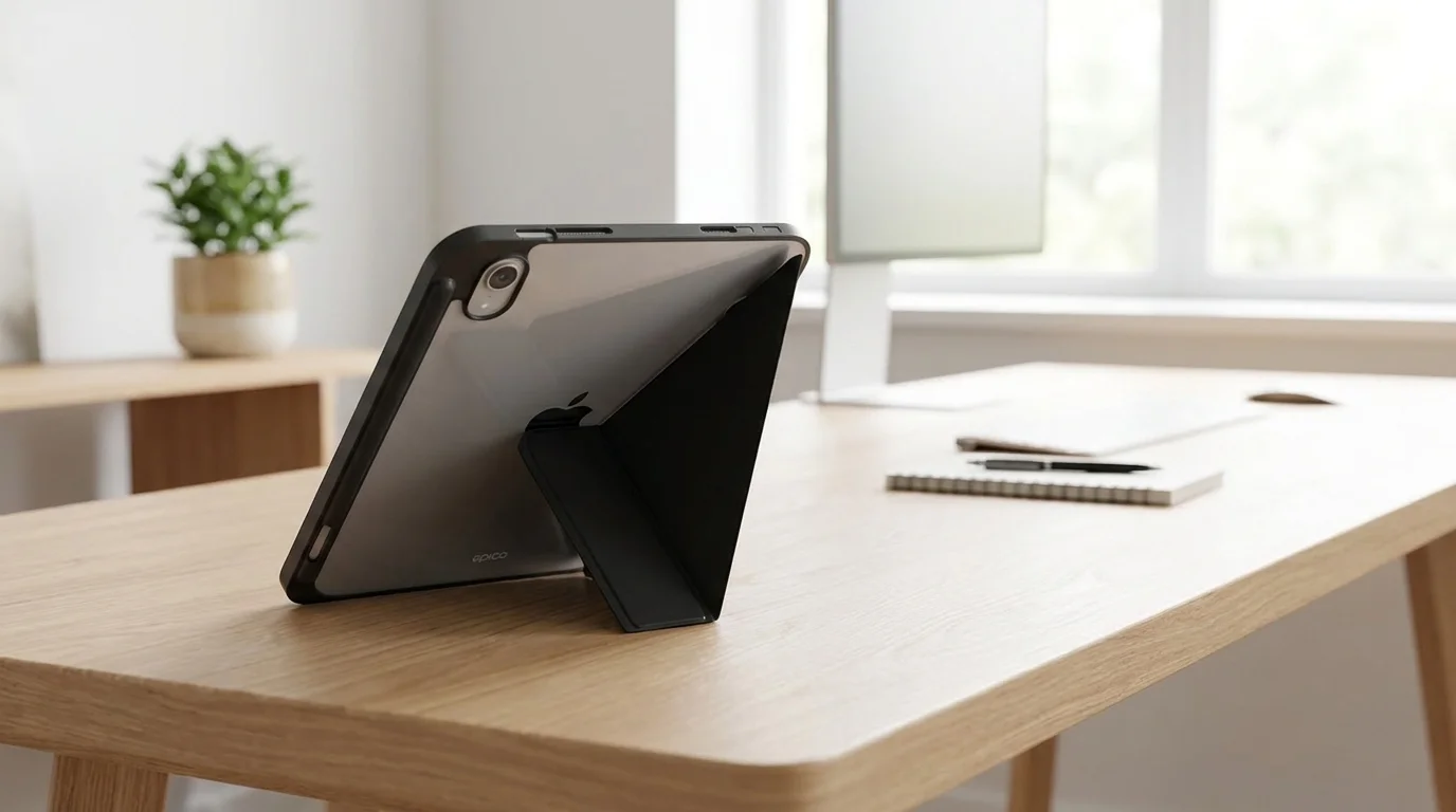 Tablet v pouzdře Epico Hero Flip s průhlednou zadní stranou opřený o černý stojánek na dřevěném stole.
