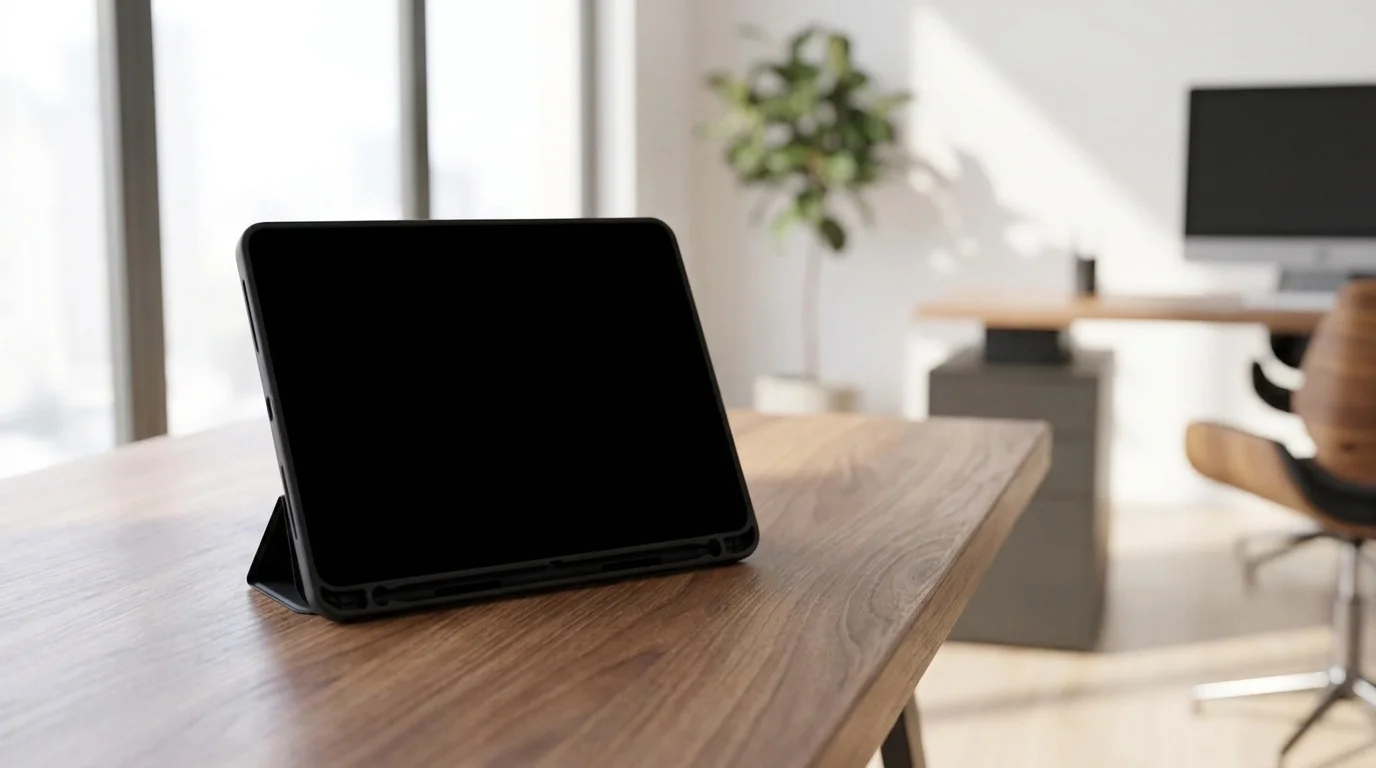 Tablet v černém pouzdře Fixed Padcover+ složeném do praktického stojánku na dřevěném stole.
