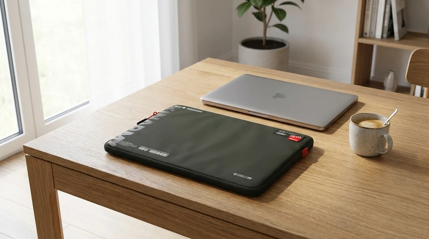 Zelené pouzdro na notebook Skinarma Fardel 14" položené na dřevěném stole vedle zavřeného notebooku a šálku kávy.