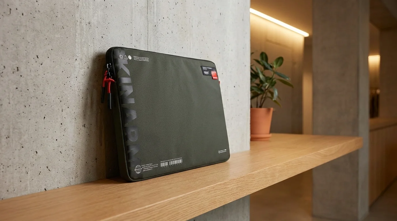 Zelené pouzdro na notebook Skinarma Fardel s červenými detaily zipu opřené na dřevěné polici u betonové zdi.