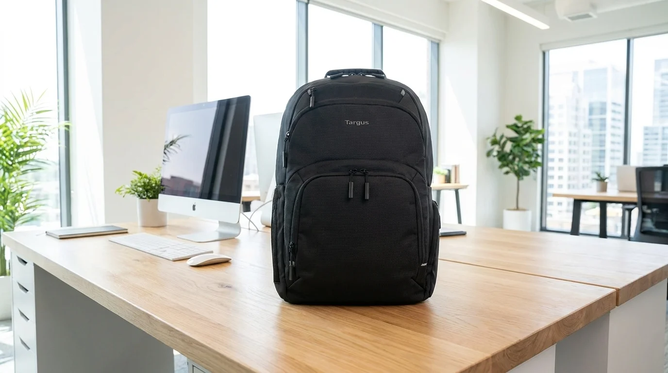 Černý batoh na notebook Targus Classic 16 stojí na dřevěném pracovním stole v prosvětlené kanceláři.
