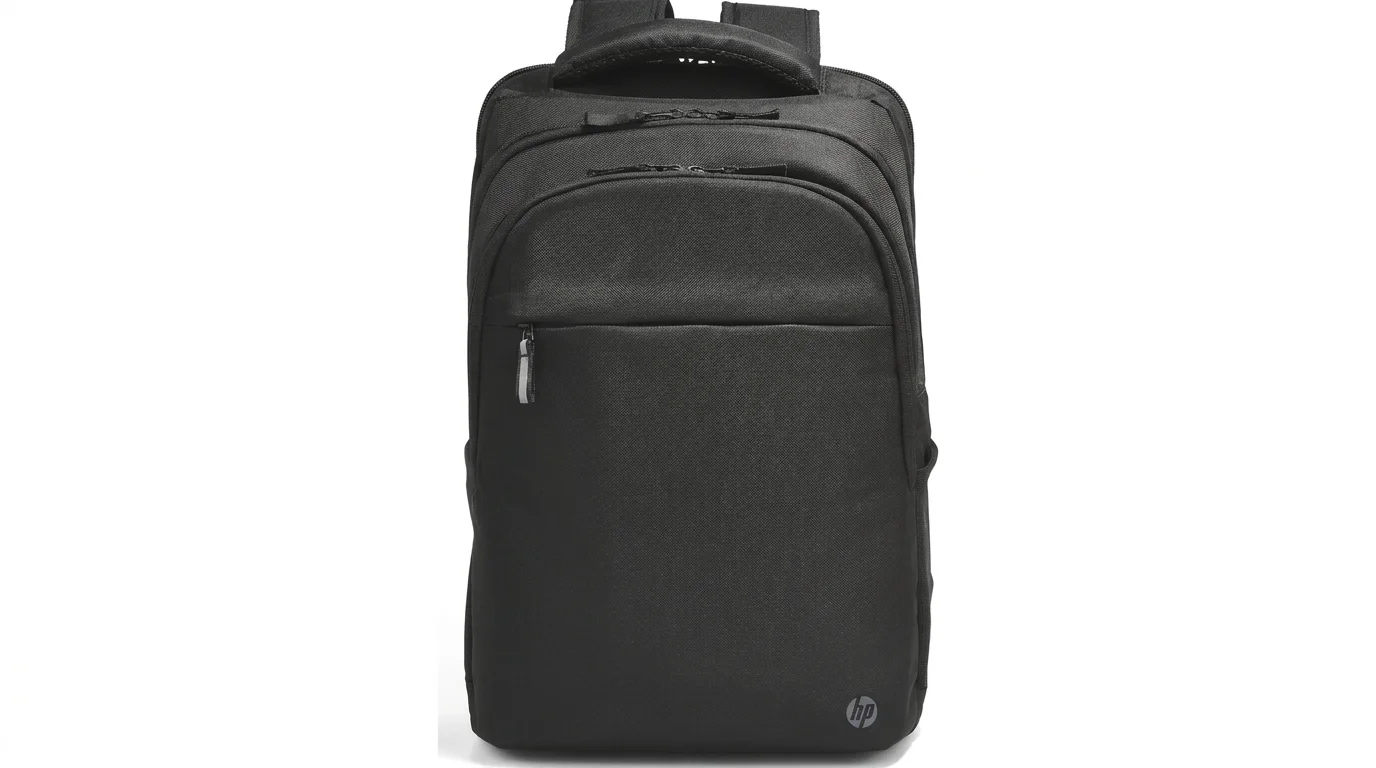 Černý batoh na notebook HP Renew Professional 17,3" s kapsami na zip a polstrovaným horním madlem.