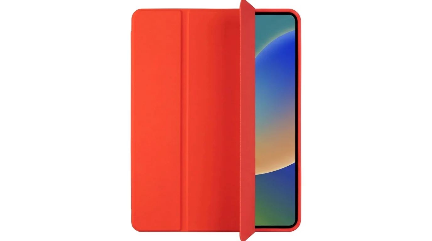 Červené pouzdro Fixed Padcover pro iPad Pro 13" s pootevřenou přední klopou odkrývající část displeje tabletu.