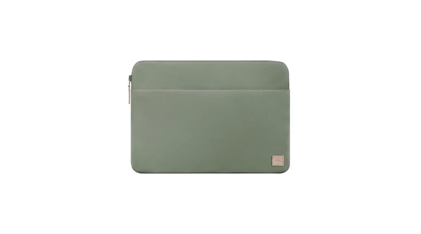 Zelené pouzdro na notebook UNIQ Vienna s přední kapsou a zapínáním na zip.